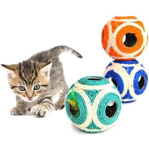 BOSREROY Sisal bal kattenspeelgoed met veren: interactief 2-pack, krabpaal kattenspeelgoed, leuk en boeiend huisdierspeelgoed