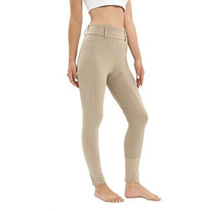 Rijlegging voor dames, volledige bekleding met telefoonzak, hoge taille, rijbroek voor dames en meisjes, stretch met riemlussen, Kaki, S