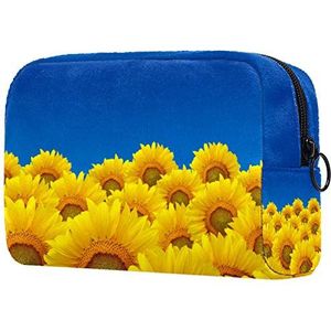 Dames make-up tas Meisje cosmetische tassen Toilettas Organizer etui met rits Zonnebloemen en blauwe lucht