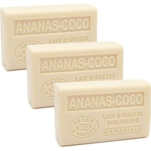 Label Provence Savon de Marseille Franse zeep met verse biologische ezelmelk, ananas-kokosgeur, 125 g repen, set van 3