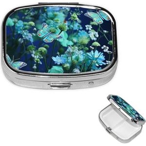 Pillendoosje met spiegel, kleine pillenorganizer, 2 compartimenten, groene vlinder en blauwe bloemen, pillendoosje voor portemonnee of zak, draagbare pillencontainer, schattige medicijnorganizer