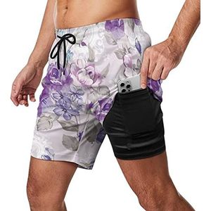 Purple Flower Rose Zwembroek voor heren, sneldrogend, 2-in-1 strandsportshorts met compressieliner en zak