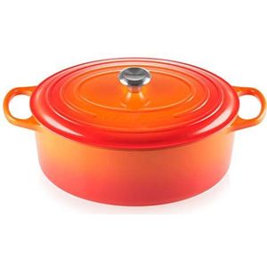 LE CREUSET Kenmerkende Braadpan met deksel ovaal geëmailleerd gietijzer, 35 cm, 8.9 liter, oranjerood