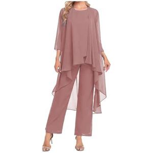 Moeder van de bruid broek pak met jas 3-delig chiffon sets ruches lagen bruiloft gast outfit, Stoffige Roos, 40