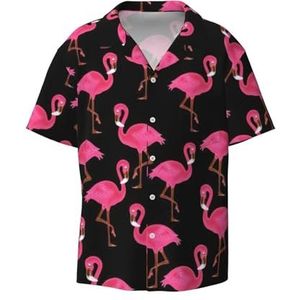 OdDdot Mooie roze flamingo's print heren button down shirt korte mouw casual shirt voor mannen zomer business casual jurk shirt, Zwart, XXL