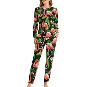Flamingo Vogel Tropische Zachte Dames Pyjama Lange Mouw Warme Fit Pyjama Loungewear Sets met Zakken 3XL