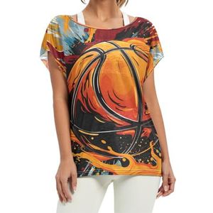 Fire Basketball Oranje Aquarel Kunstwerk Dames Korte Batwing Mouw Shirt Ronde Hals T-shirts Losse Tops voor Meisjes, Patroon, S