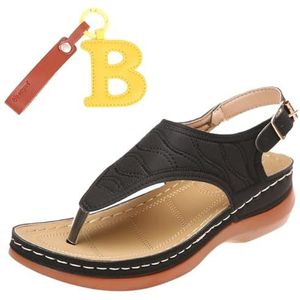 Comfortabele orthopedische sandalen voor dames, met leren sleutelhanger, platte sandalen met boogondersteuning voor dames, Bruin Zwart, 37 EU