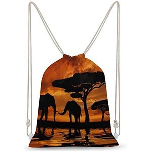 Afrika Olifant Zonsondergang Landsacpe Trekkoord Rugzak String Bag Sackpack Canvas Sport Dagrugzak voor Reizen Gym Winkelen