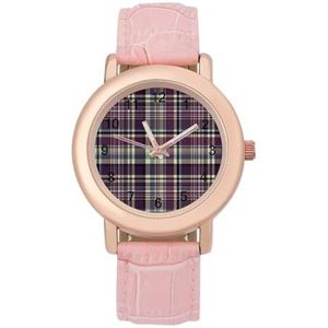 Vintage Paars Schotland Plaid Vrouwen Horloge PU Strap Polshorloge Quartz Roze Valentijnsdag Gift