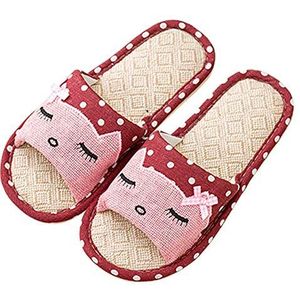 APIKA Linnen Paar Thuis Slippers Japanse Stijl Kinderplezier Cartoon Slippers Ademend Antislip Bodem Licht Cadeau met Liefde (38/39 EU, Wijn Rood)