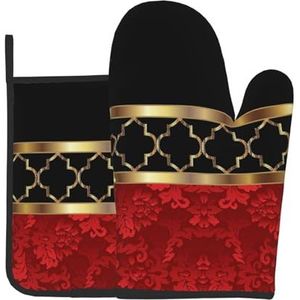 Elegant Rood Zwart & Goud Quatrefoil Patroon, Ovenwanten En Pannenhouders, Kookhandschoenen, Hittebestendige Bakwanten