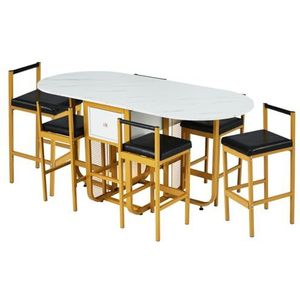 WEALTHOUSE Moderne set eetgroepen met opvouwbare multifunctionele klaptafel, geïntegreerde opbergruimte, zwart PU-zitvlak, stabiele metalen framestructuur, 6 ruimtebesparend opbergbare stoelen