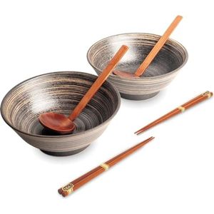 Luxe - Ramen bowl set 2 - Uzu bruin - Slakom - Soepkommen - Ramen kommen - Fruitschaal - Eetset - Kommenset - Noodle bowl set - Schalen - Noodle Kommen Set - Soeplepel - Eetstokjes - Japans servies