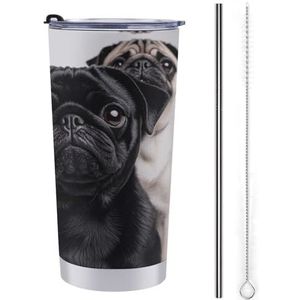 LHDGSJE Leuke zwarte mopshond geïsoleerde beker herbruikbare roestvrijstalen mok reizen koffiemok lekvrij grote capaciteit auto beker geïsoleerde waterfles past in de auto bekerhouder
