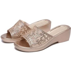 Retro Sleehak Slippers Dames Ademende Mesh Sandalen Zomer Peep Toe Slippers 2024 Nieuwe Slippers Met Strass Platform Slippers for Binnen Buiten Vrije Tijd Boho Strandschoenen(Gold,40 EU)