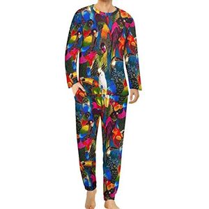 Parrot Party Gedrukt Comfortabele Heren Pyjama Set Ronde Hals Lange Mouw Loungewear met Zakken S