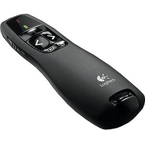 Logitech Presenter R400, draadloze 2,4 GHz verbinding via USB-ontvanger, 15 m bereik, rode laserpointer, intuïtieve bediening, 6 toetsen, batterij-indicator, pc, zwart