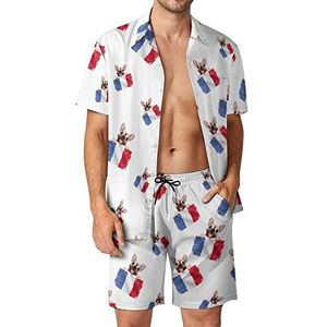 Franse Bulldog Frankrijk vlag Hawaiiaanse bijpassende set 2-delige outfits button down shirts en shorts voor strandvakantie