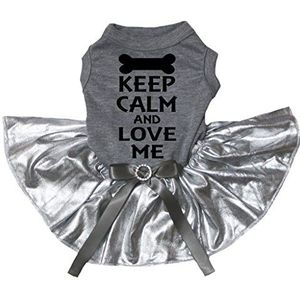 Petitebelle Keep Claim Love Me Grijs Katoen Shirt Bling Zilver Tutu Hond Jurk, Small, Grijs