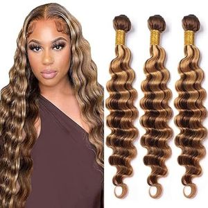 Tuheerst Deep Wave Human Hair Bundles P427 Highlight Blonde Real Hair Human Hair Extensions Sew in Hair Extension 3 Bundles Double Weft Remy Hair Low Shedding for Woman 28 28 28 Inch