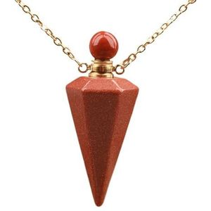 Natural Roses Quartz Crystal Stones Pendulum Essential Oil Perfume Bottle Pendant Healing Reiki Pendulum Chain Necklace Jewelry (Color : Red Goldstone)