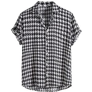 Heren korte mouwen button down shirts casual regular fit hippie shirt zomer vintage pied-poule kraag shirt, A01-zwart, XL