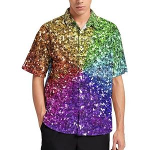 Regenboog Glitter Achtergrond Zomer Heren Shirts Casual Korte Mouw Button Down Blouse Strand Top met Zak XL