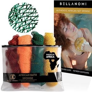 BELLANOMI 4-delige Afrikaanse exfoliërende netspons lange Afrikaanse badspons, authentiek ethisch afkomstig uit Nigeria, geweldig voor dagelijks gebruik (koperbruin, oranje, groen, geel)