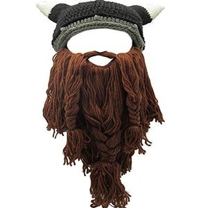 YEKEYI Viking Baard Beanie Hoorn Hoed, warm wintermasker, gebreide wol, grappige schedelpet, Hoorn, bruin, eenheidsmaat
