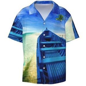 Blauw Hemel Geel Strand Boot Print Mannen Button Down Shirt Korte Mouw Casual Shirt Voor Mannen Zomer Business Casual Jurk Shirt, Zwart, 3XL