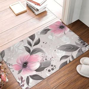 YNCATXZ Roze bloemen en bladeren op grijze deurmat 40 x 60 cm antislip indoor outdoor mat welkomstmat wasbaar deurmat voor entree deurmat absorberende flanellen badmatten