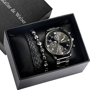 Luxe Black Gift Sets for Mannen Mens Horloges Handgemaakte Kraal Verstelbare Weave Armband Geschenken Set for Vriendgenoot Verjaardag Cadeaus (Color : Watch Gifts Set 01)