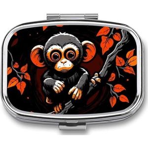 Pillendoos 2 compartimenten medicijnpillendoosje aap op rode tak bedrukte draagbare pillendoos reizen pillenorganizer voor zak portemonnee dagelijkse geneeskunde vitamine doos visolie doos