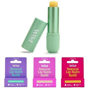 Wild Natuurlijk Navulbare Lippenbalsem Starterset – met saliegroen aluminiumcase en 3-pack lippenbalsem in diverse geuren – bevat de geuren Coconut & Vanilla, Plum en Passionfruit