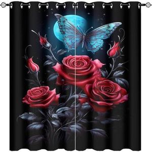 AEMYSKA Mooie rozen thermisch geïsoleerde kamer verduistering slaapkamer gordijnen blauwe vlinder rode bloem print doorvoertule venster gordijn panelen/gordijnen 63 x 72 inch