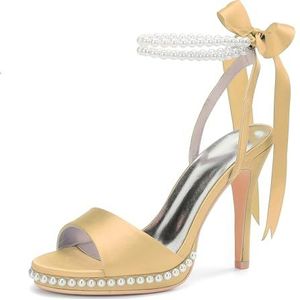 KYEGLO Dames Satijnen Parel Ronde Neus Stiletto Hoge Hak, Open Teen Sandalen Met Twee Parel Enkelbandjes - Feestelijke Trouwjurk Prom Schoenen,Gouden,36