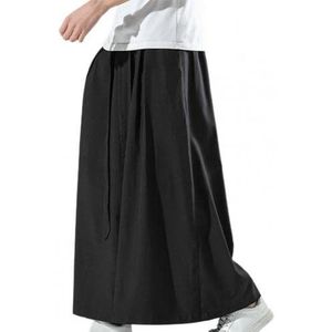 Heren zwarte ijs zijde Hakama Kung Fu broek met een brede bodem Wushu Kimono Chinese brede broek, Zwart, L
