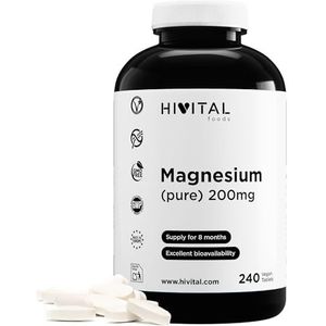 Magnesium pure 200 mg uit Magnesiumcitraat. 240 veganistische tabletten voor 8 maanden behandeling. Gefabriceerd in Europa door HIVITAL