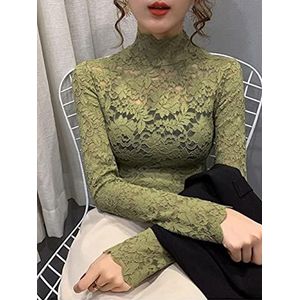 UKKO Lace top for women Female Slim Long Sleeve Lace Dotting Shirt Fall Women'S Turtleneck All-Match Tops Ladies With Long Sleeves-Green,L