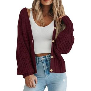 UPPJPBSW Dames Chunky Knit Trendy Casual Lantaarn Cardigans Trui Lange Mouw Open Voor Knopen Gebreide Bovenkleding Jassen,Wine,3X Large