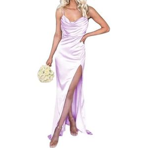 WSEYU Lange bruidsmeisjesjurk met ronde hals en split en spaghettibandjes, zeemeermin-galajurk, formele jurk voor bruiloft, Lila, 40