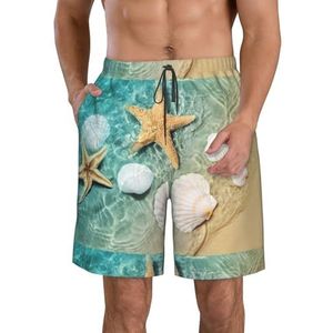 PHTZEZFC Zeester en zeeschelp patroon print heren strandshorts zomer vakantie strand shorts casual lichtgewicht trekkoord, Wit, S