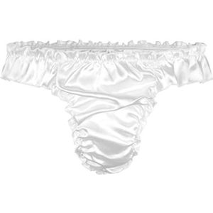 Satini Satijn Ruffel Lage taille Sissy String Tanga Knickers Broekje Satijnen broekjes Ondergoed (Wit, L)