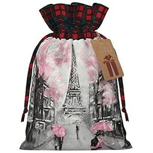 LAMAME Parijs Street Eiffeltoren Roze Bloemen Gedrukt Kerst Trekkoord Tas Candy Bag Feestelijke Party Gift Bag
