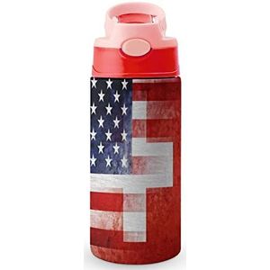 Vlag van de VS en Zwitserland, 12 oz waterfles met rietje, koffiebeker, waterbeker, roestvrijstalen reismok voor dames en heren, roze stijl