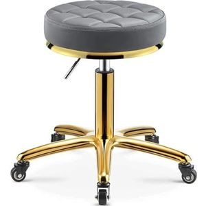 FXLUHAY Draaibare salonkruk, schoonheidsstoel met wielen en roestvrijstalen basis, in hoogte verstelbaar, rond lederen kussen, rolkruk voor werk, medische tatoeage, salon, kantoor (grijs)