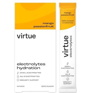 Virtue Electrolytes Hydratatiezakjes | Suikervrij | Alle 6 elektrolyten, hydraterende zouten & vitamine C (16 zakjes, Mango-Passievrucht)