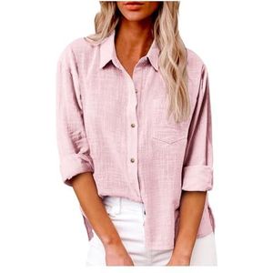 Dames katoenen linnen button-down overhemd 2024 lente casual effen kleur shirts met lange mouwen losse werktops met zakken(Color:Light Pink,Size:3XL)