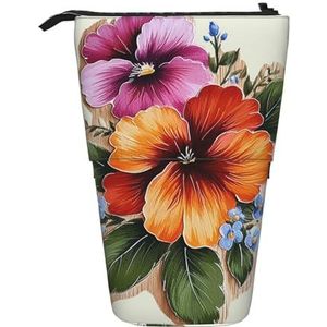 GFLFMXZW Handgeschilderde bloem Print Etui Staande Potlood Tas Telescopische Potlood Houder Case Pop Up Potlood Pouch Draagbare Make-up Tas Met Ritssluiting, Zwart, Eén maat